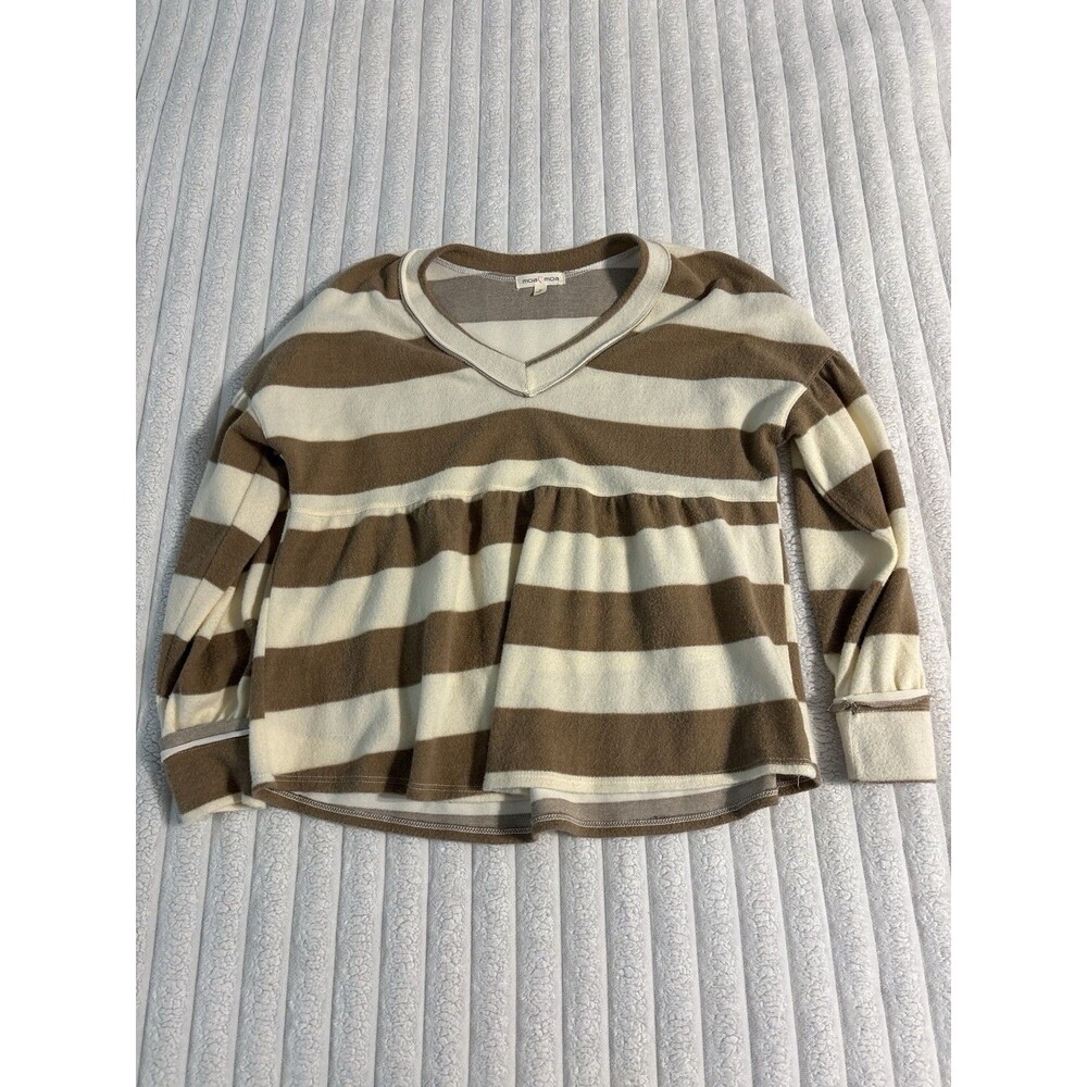 Moa Moa Balloon Sleeve Babydoll Striped V Neck Blouse Top Womens Medium Brown
